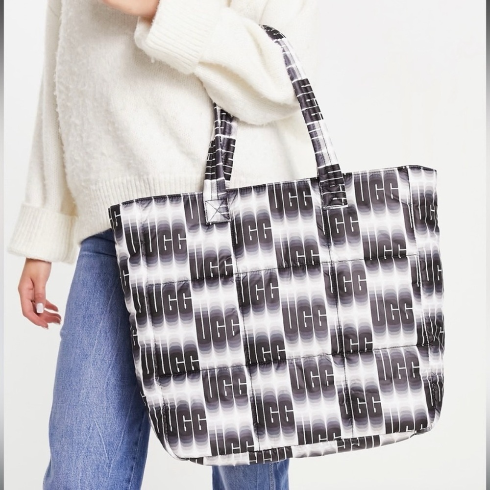 UGG Ellory Puff Tote Shoulder Bag Black & White Allover Wavelength Print NWOT